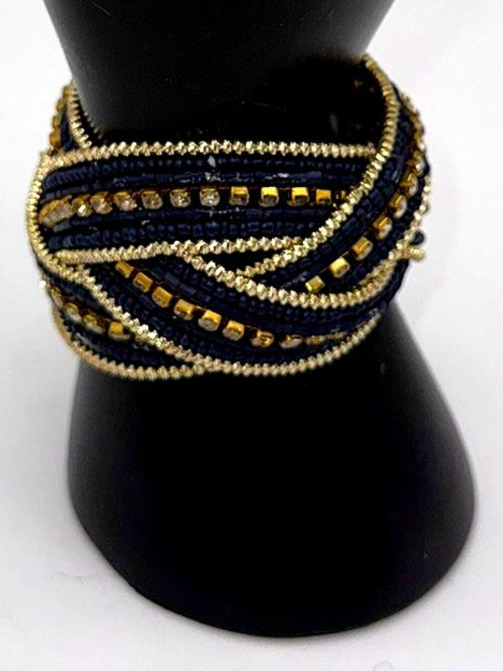 Blue & Gold Beaded Wrap Bracelet Multi Strand Statement Cuff